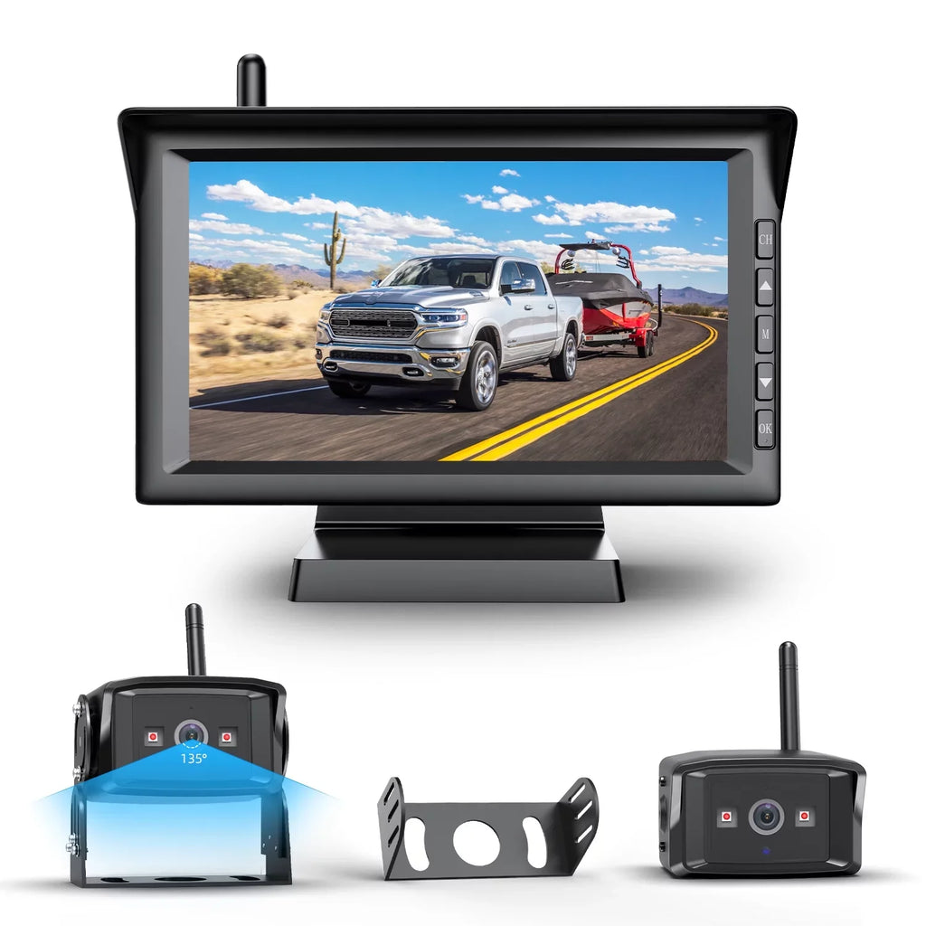 Trailer Wireless Digital Backup Camera Systems Support 2 Cameras, IR Night Vision Campervans Rear View Camera with 7" HD Monitor Support Split Screen, Wireless RV Truck Reverse Camera