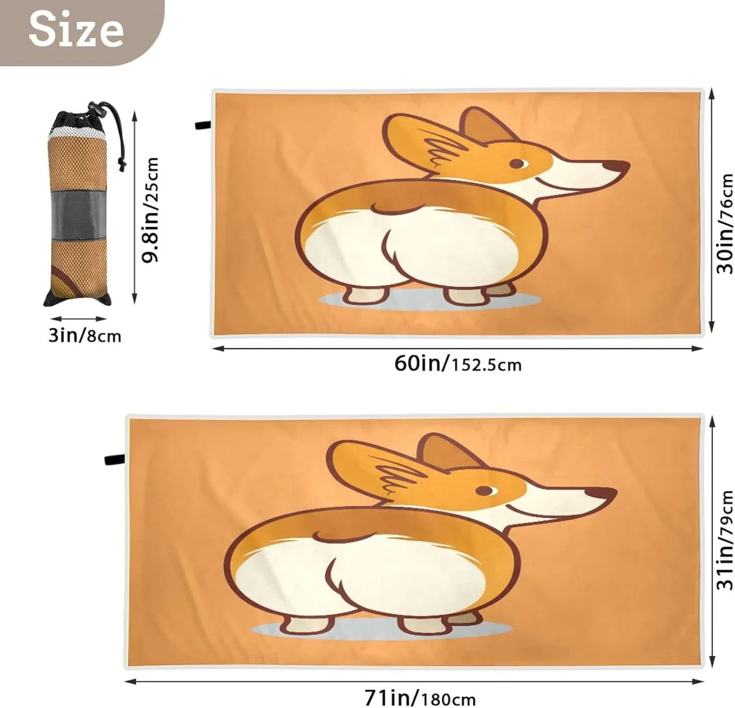 Bestwell Cute Corgi Orange Beach Towel - Super Absorbent Oversized Travel Towels - Lightweight Compact Quick Dry Towel Swimming Camping Holiday（353）