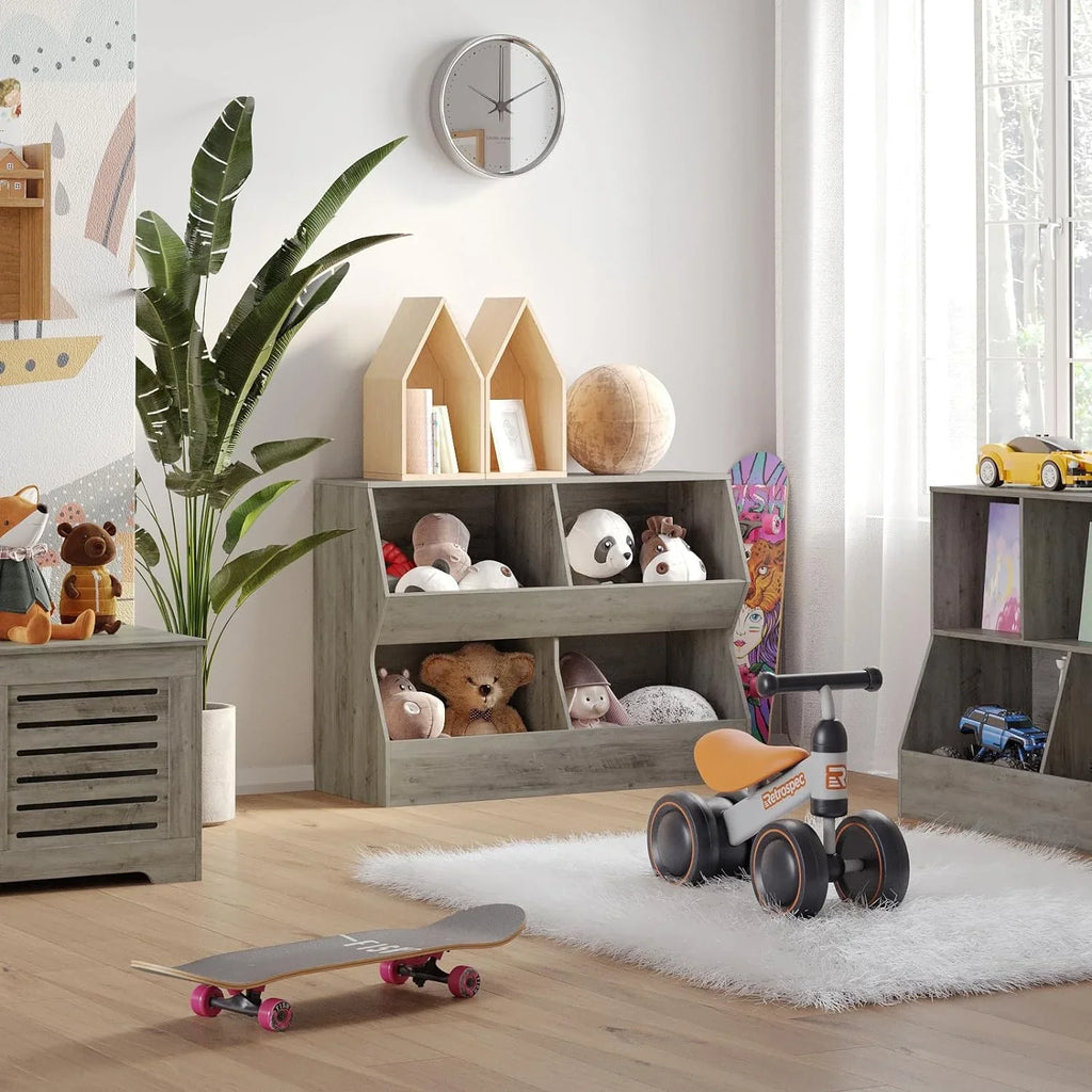 JIAH Kids , Toy Storage Organizer, Wooden Toy Storage Cabinet, 4 Cubby Children Bookcase, Toddler Book Toy Shelf Bedroom, Nursery, Hallway, School, 39.4" Long, Gray Wash