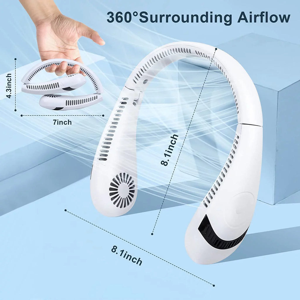 Morttic Portable Neck Fan, Foldable Bladeless Fan Wearable Personal Fan Hands Free Cooler Fan 5000 mAh 3 Speeds, 360 Degrees Airflow USB Rechargeable Fan Perfect Outdoor Travel Sport (White)