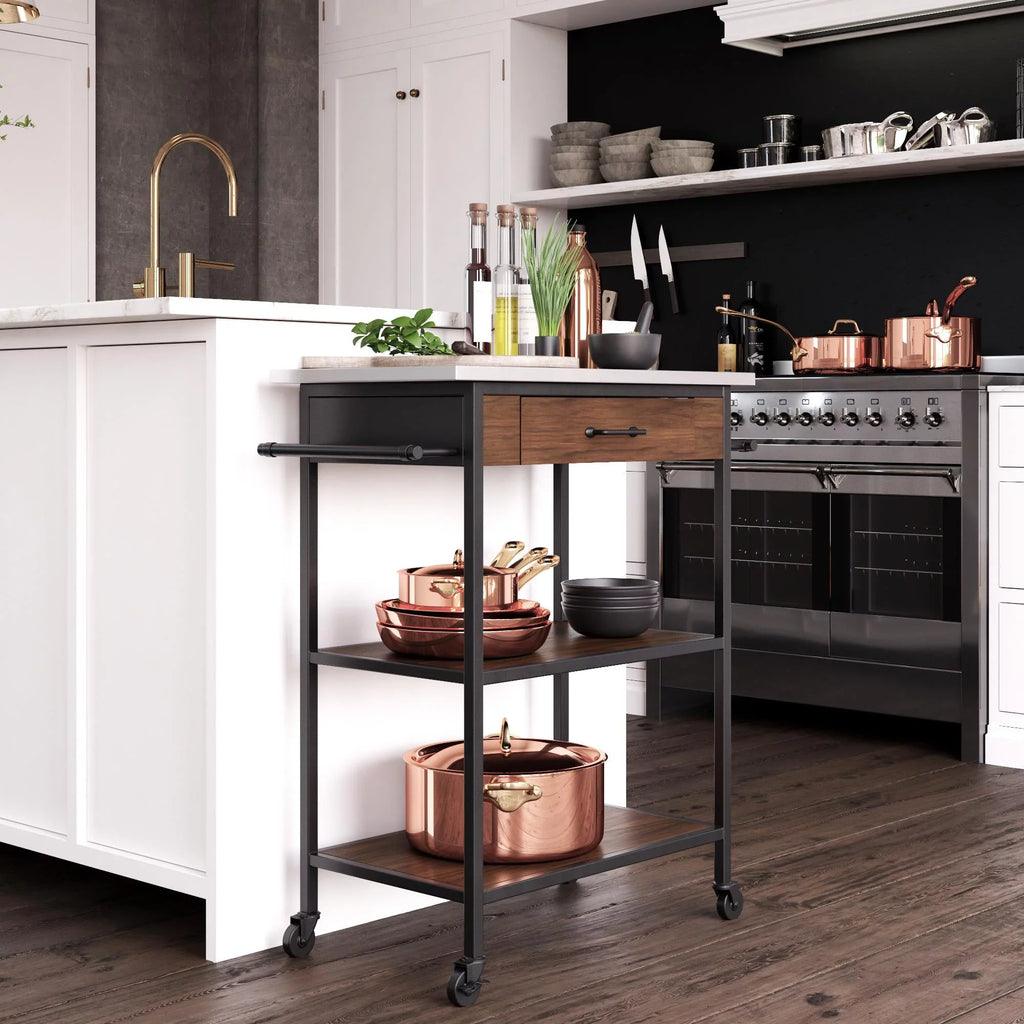 DHP Kane Kitchen Cart, Black Metal Frame, Stainless Steel Counter Top, Pantry Storage, Brown