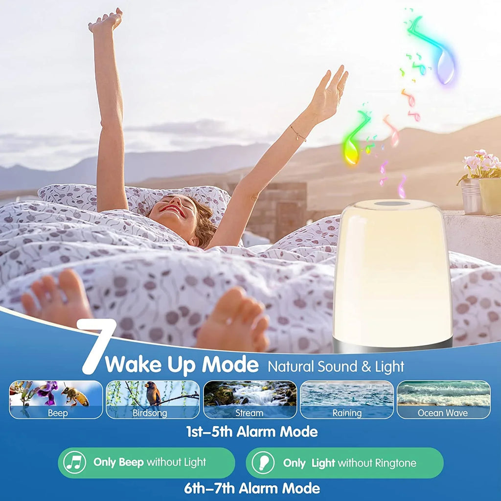 Sunrise Simulation Alarm Clock Wake Up Light Heavy Sleepers Adults, Dimmable Sun Lamp Kid Bedroom Nursery Bedside Night Light Sleep Aid, 7 RGB Lights, 7 Natural Sound Alarms, Snooze Timer