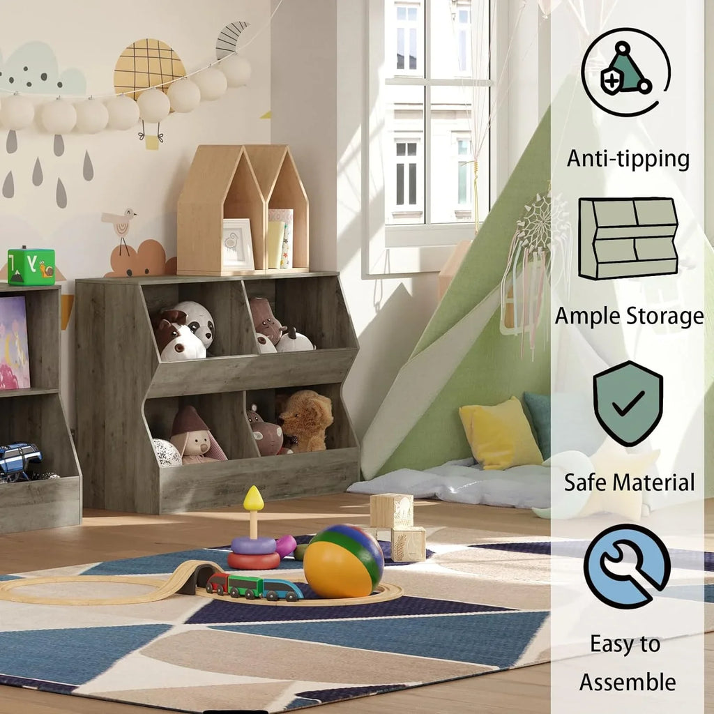 JIAH Kids , Toy Storage Organizer, Wooden Toy Storage Cabinet, 4 Cubby Children Bookcase, Toddler Book Toy Shelf Bedroom, Nursery, Hallway, School, 39.4" Long, Gray Wash