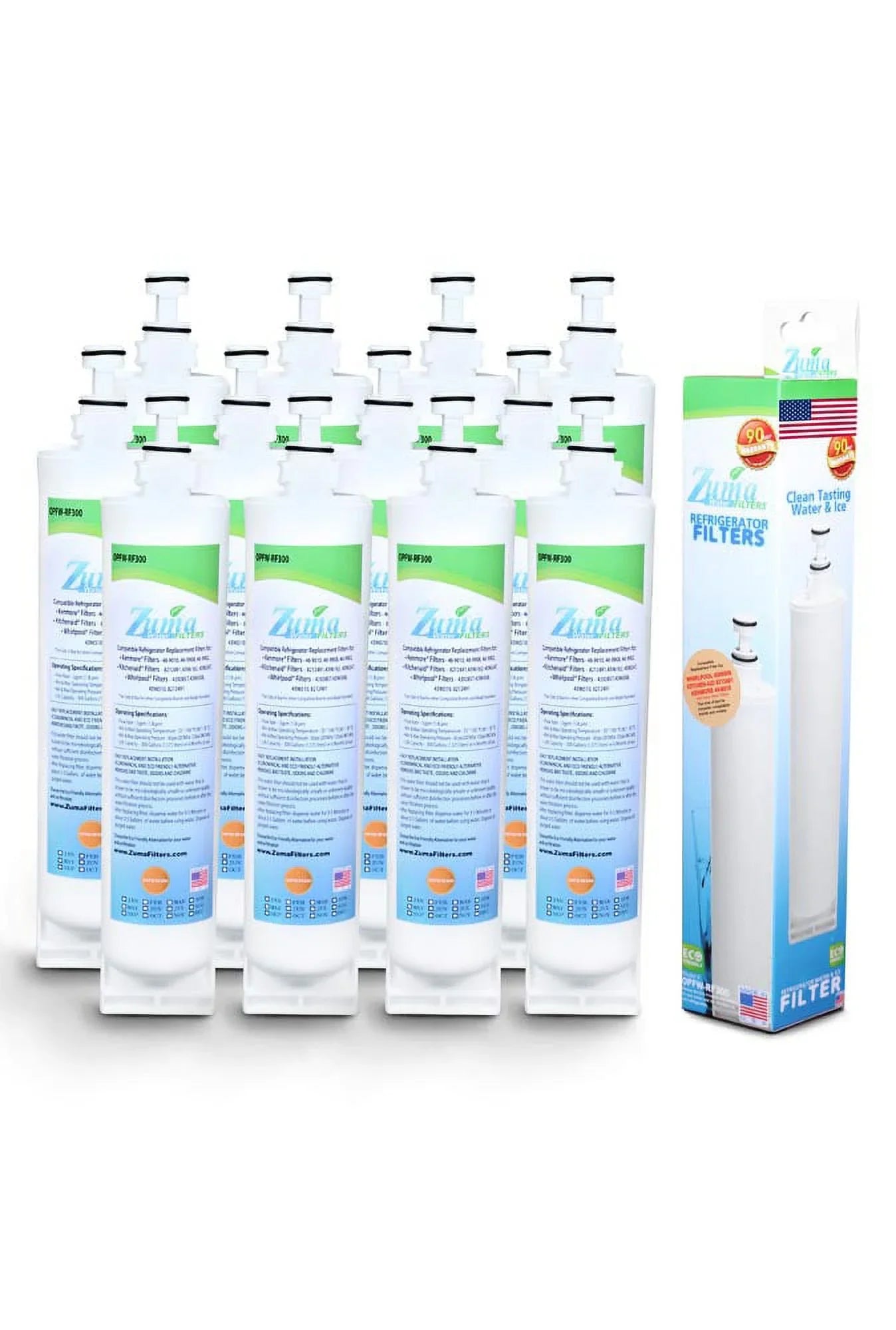 ZUMA Brand , Water and Ice Filter , Model # OPFW-RF300 , with Whirlpool® 4396508 - 12 Pack - Made in U.S.A.