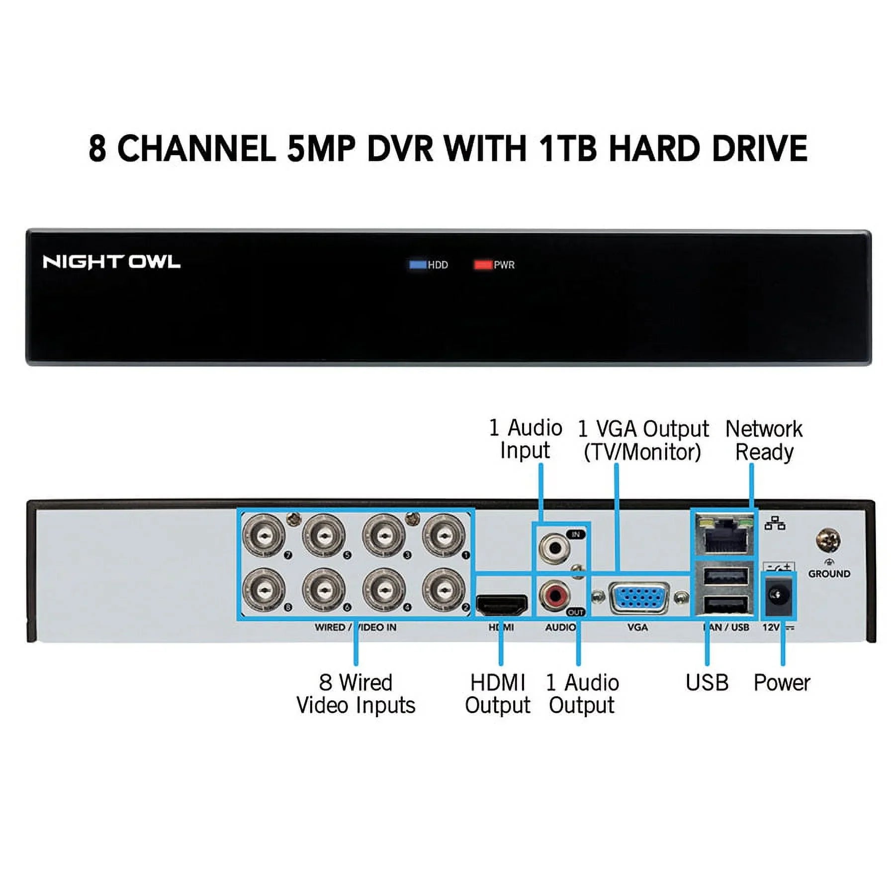 Night Owl 8 Channel 5MP DVR with Human Detection Technology, 1 TB HDD and 6 Light Cameras