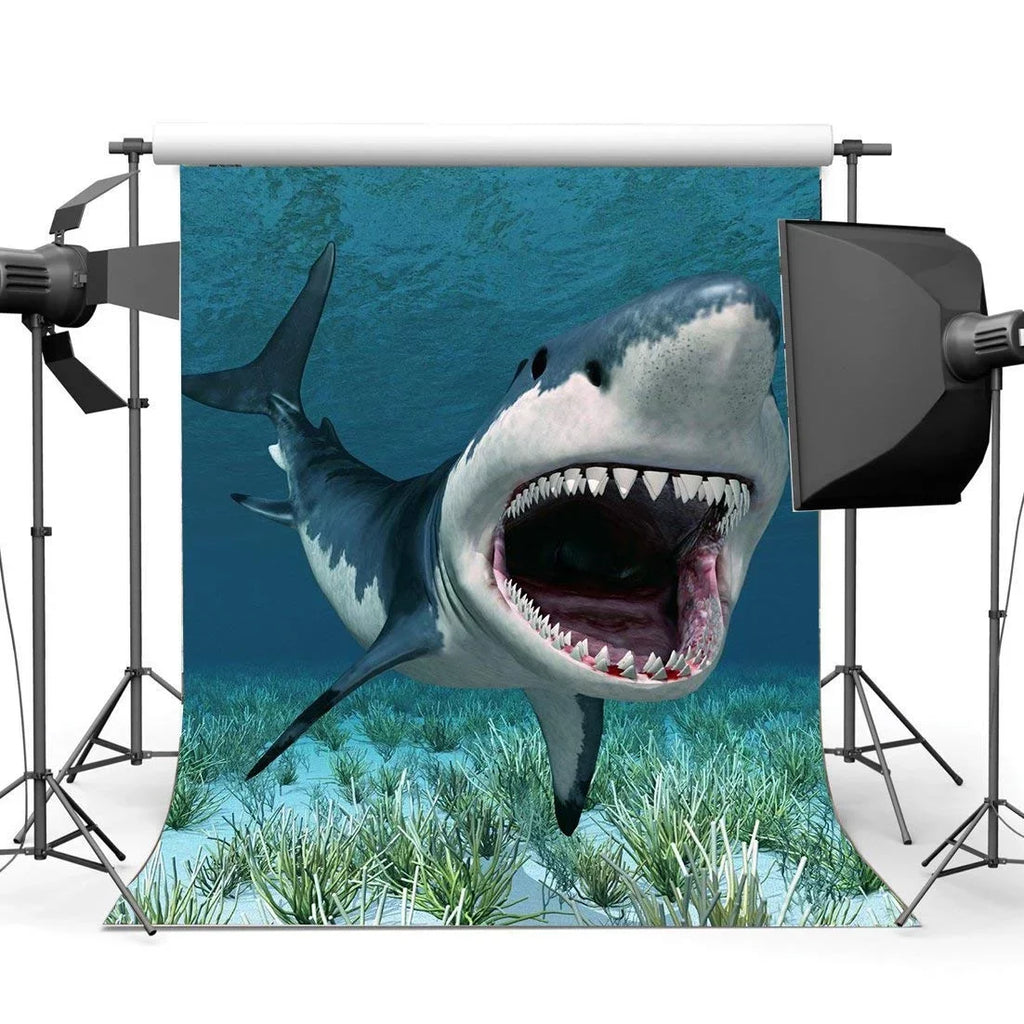 ABPHOTO Polyester 5x7ft Cartoon Shark Backdrop Underwater World Green Grass Aquarium Ocean Sailing Photography Background Baby Shower Girls Boys Happy Birthday Party Décor Photo Studio Props