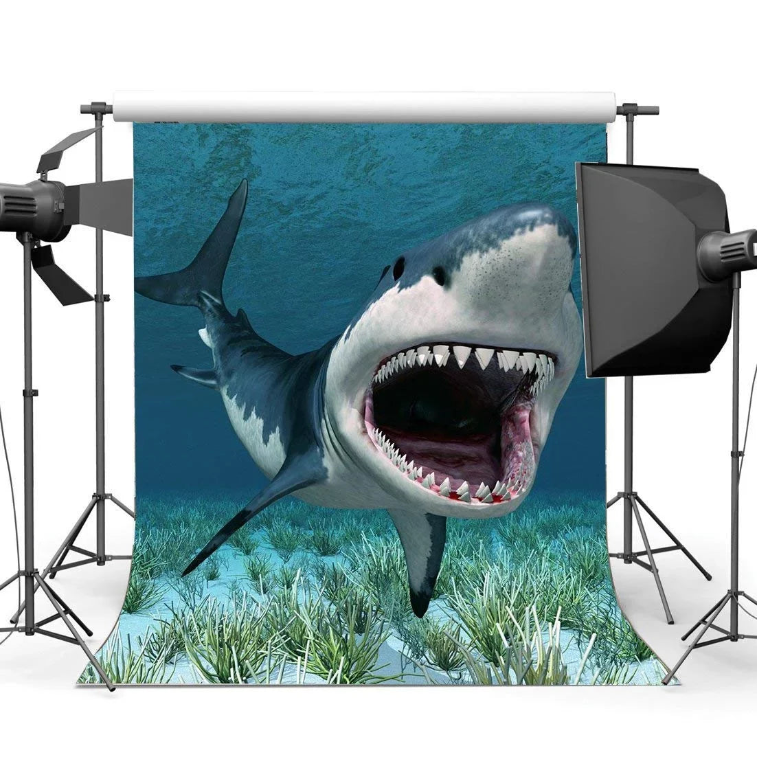 ABPHOTO Polyester 5x7ft Cartoon Shark Backdrop Underwater World Green Grass Aquarium Ocean Sailing Photography Background Baby Shower Girls Boys Happy Birthday Party Décor Photo Studio Props