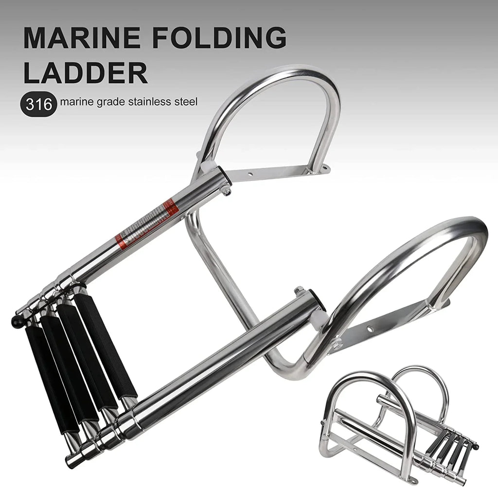 4 Step Pontoon Vessel Ladder,Heavy Duty Telescoping Watercraft Boarding Ladder with Wide Steps, Folding Craft Swim Ladder,Dock Ladder with Hand Railings