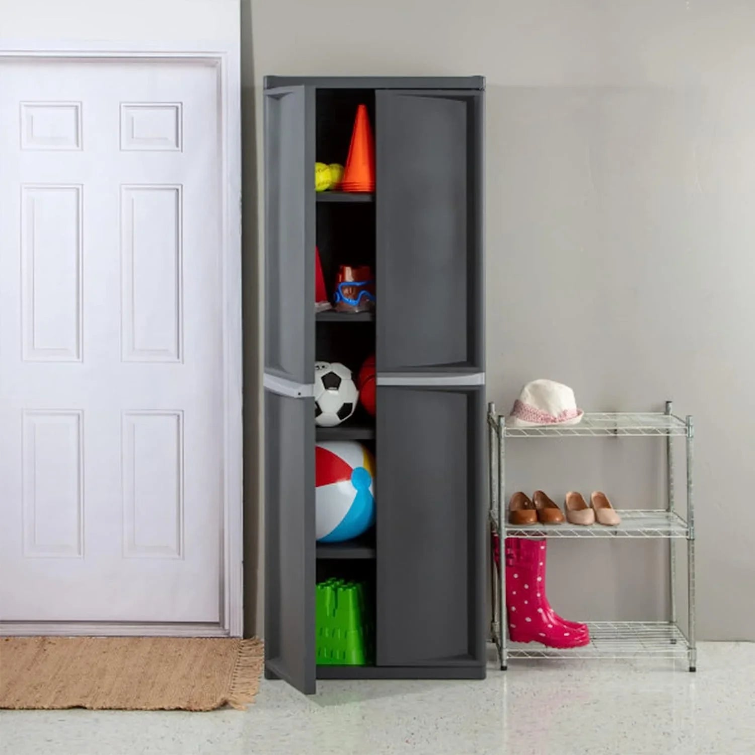HOZO 4 Shelf Cabinet, Heavy Duty and Easy to Assemble Plastic Storage Unit, Organize Bins in the Garage, Basement, Attic, Mudroom, Gray, 1-Pack
