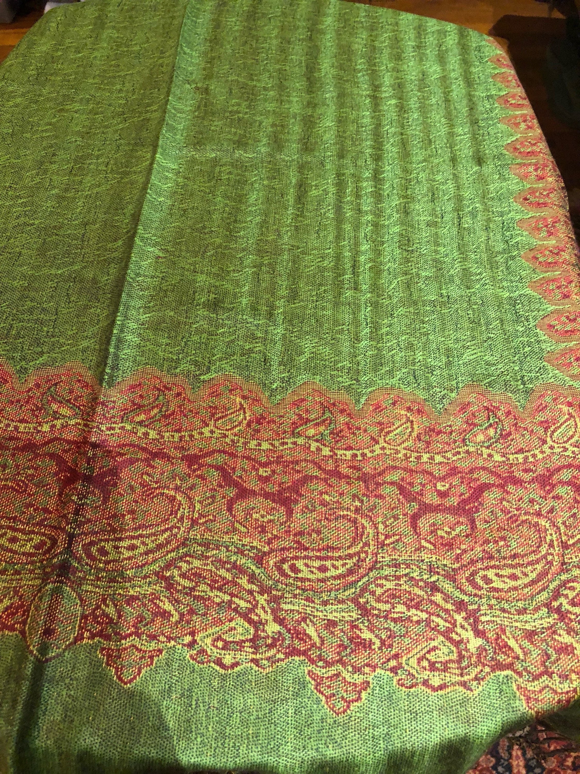 Green Red Reversible Vintage Paisley Brocade Pashmina Scarf Wrap