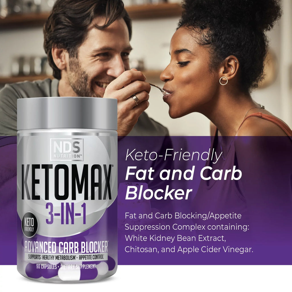 NDS Nutrition Keto-Max Advanced 3-in-1 - Keto Pills Fat Loss Support - Carb Blocker Appetite Suppressant - White Kidney Bean, Chitosan, Raspberry Ketones, and Vanadium (90 Capsules)