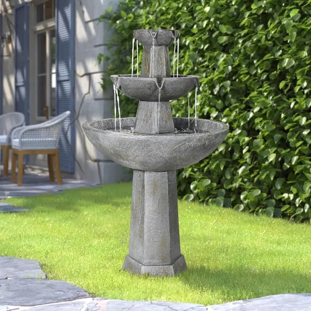 3 Tier Freestanding Waterfall Fountain, 43.3in H Outdoor Fountain with Bird Bath Decor Garden Patio Backyard Deck Home Lawn Porch