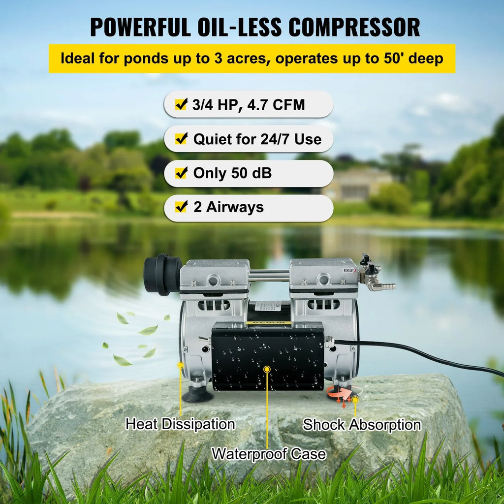 VEVOR 3/4 HP Pond Aerator 3 Acres, 4.7 CFM Lake Aeration System with 100' Weighted Tubing & 10" Membrane Diffuser Deep Water Aeration