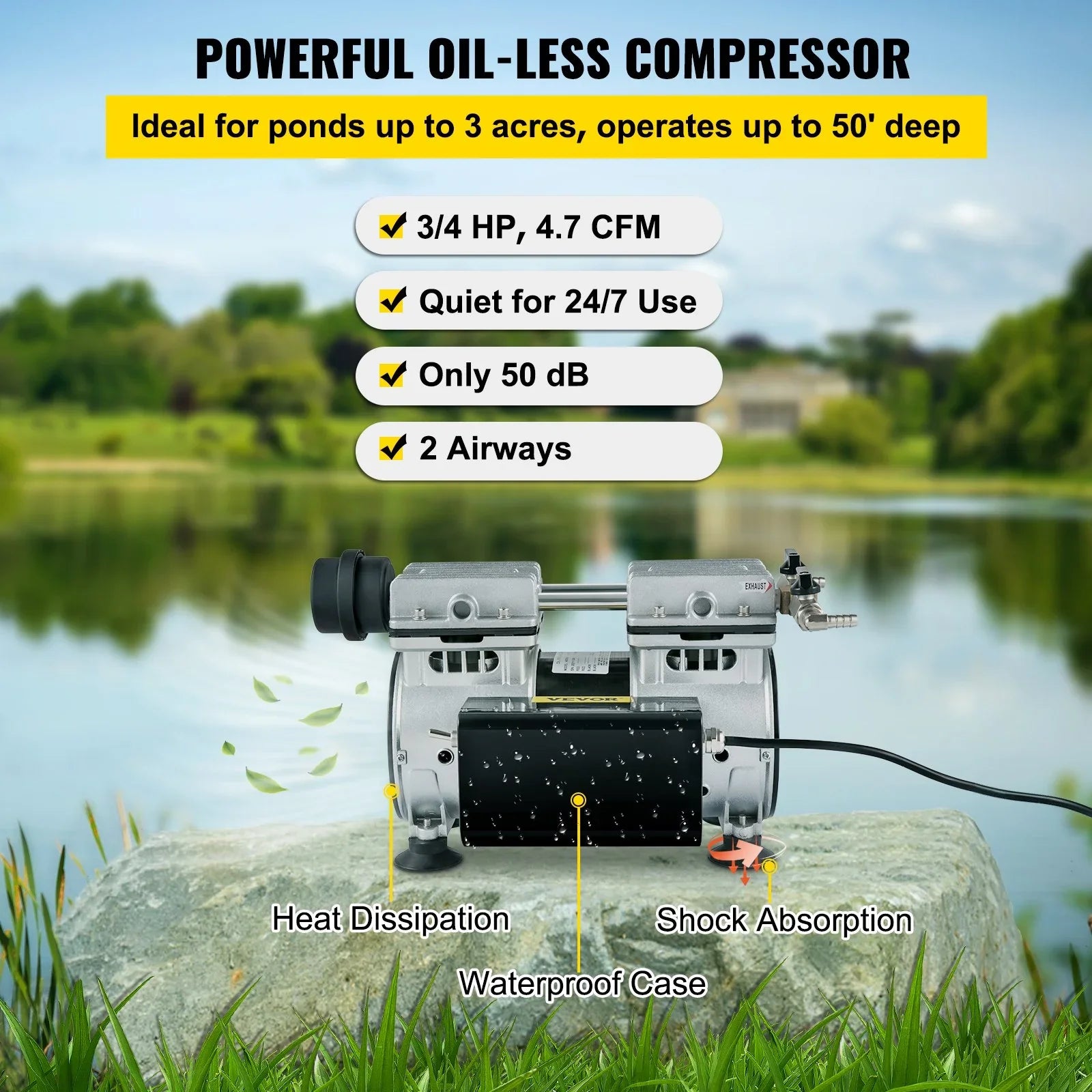 VEVOR 3/4 HP Pond Aerator 3 Acres, 4.7 CFM Lake Aeration System with 100' Weighted Tubing & 10" Membrane Diffuser Deep Water Aeration