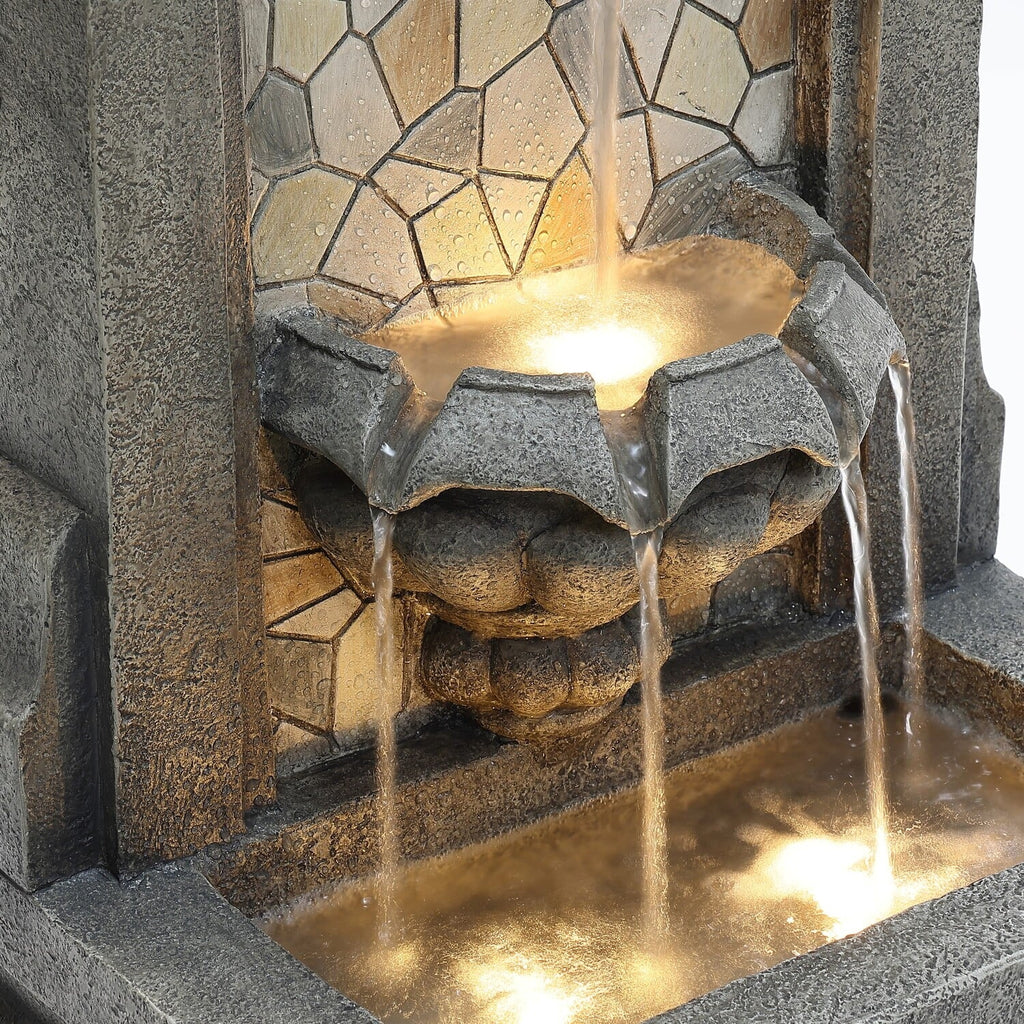 LuxenHome 27" H Gray Resin Mosaic Wall Freestanding Outdoor Water Fountain with Lights