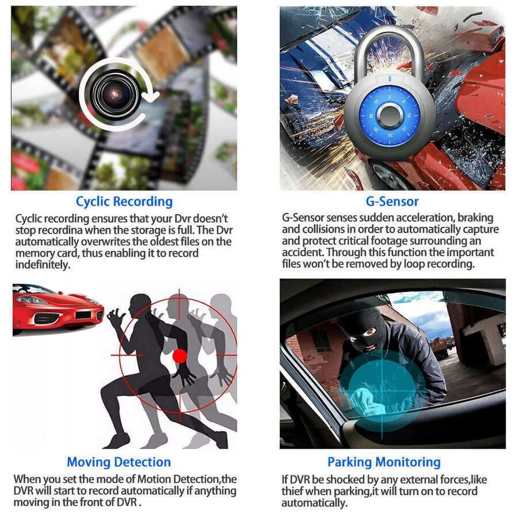 TASHHAR Car Dual Lens Dash Cam 1080P 4" HD DVR Front/Rear/Built-In Video Camera Driving Recorder G-Sensor, Motion Detection and Parking Monitoring