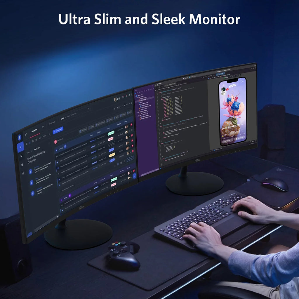 Fiodio 24" Curved FHD 1080P 75Hz Refresh Rate LED Monitor HDMI VGA Ports with Speakers, VESA Wall Mount Ready (HDMI Cable Included)