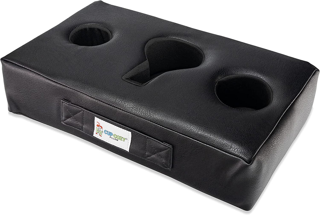 Cup Cozy Pillow (Black Faux Leather) *As Seen on TV*- The World's BEST Cup Holder. Keep drinks close and prevent spills. Use it anywhere-Couch, floor, bed, man cave, car, RV, park, beach and more!