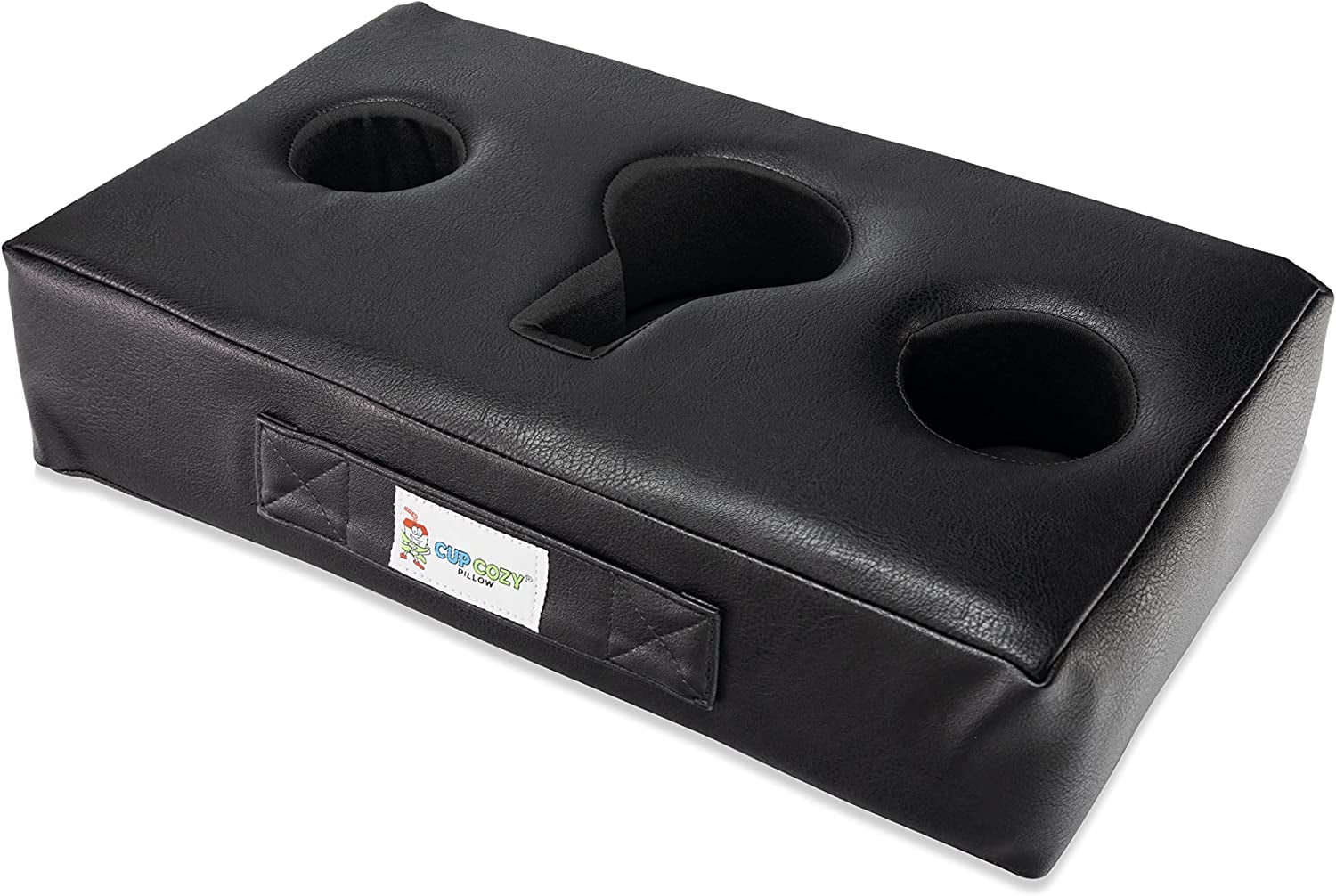 Cup Cozy Pillow (Black Faux Leather) *As Seen on TV*- The World's BEST Cup Holder. Keep drinks close and prevent spills. Use it anywhere-Couch, floor, bed, man cave, car, RV, park, beach and more!