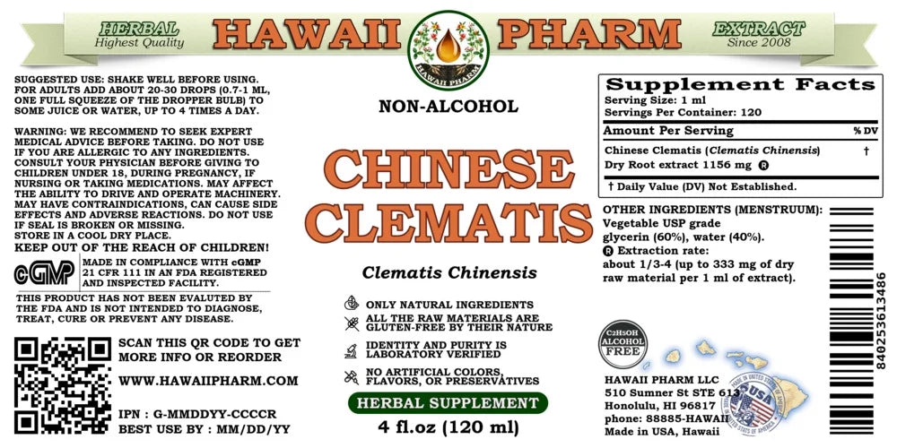 Chinese Clematis (Clematis Chinensis) Dry Root ALCOHOL-FREE Liquid Extract. Expertly Extracted by Trusted HawaiiPharm Brand. Absolutely Natural. Proudly made in USA. Glycerite 4 Fl.Oz