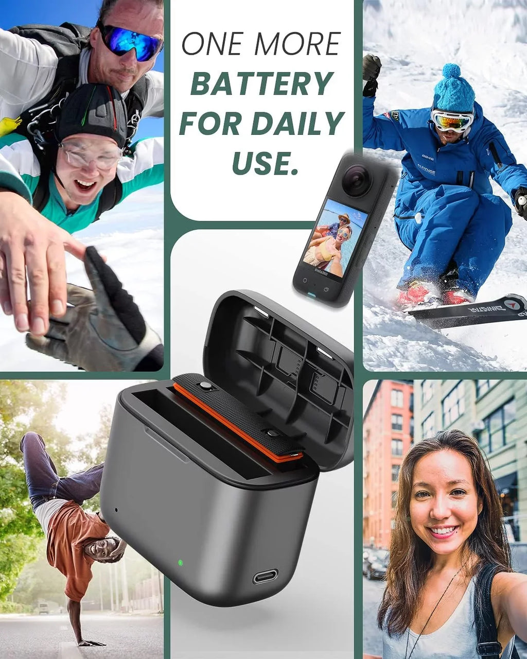 2 Channel Battery Charging Station & One Battery Insta360 x3 Camera 1800mAh High Capacity, Charger Station with Misro SD Card Slots