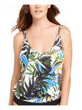 CALVIN KLEIN Women's Green Palm Print Stretch Removable Cups Deep V Neck Blouson Tankini Swimsuit Top M