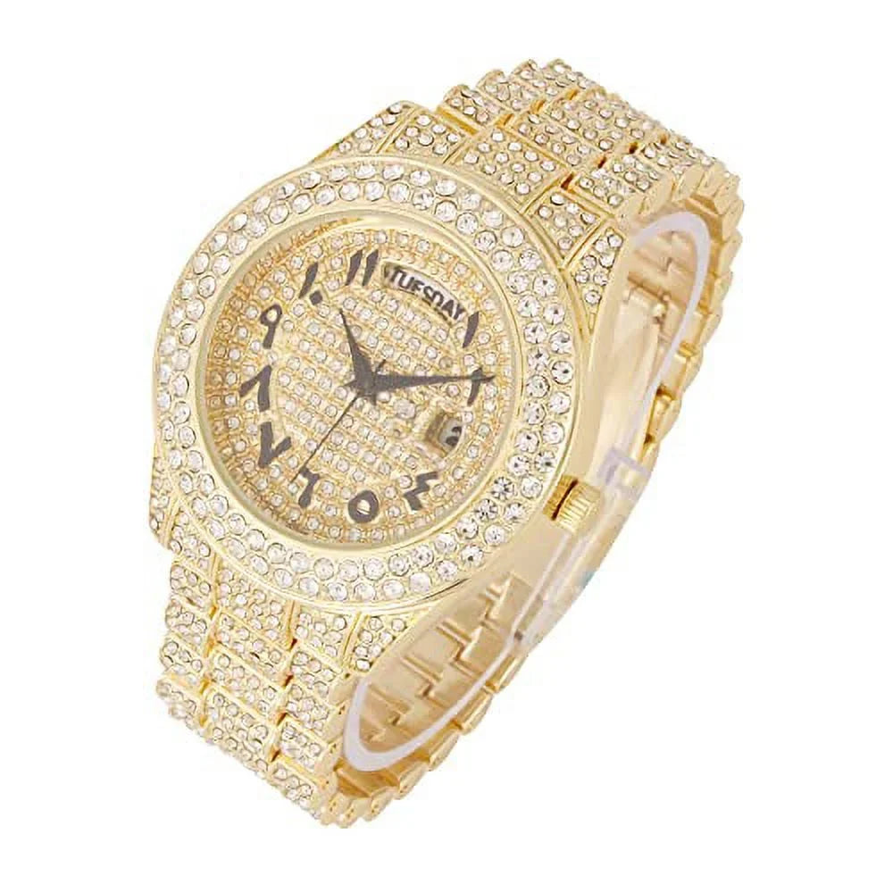 Charles Raymond Big Rocks Fully Iced Out Diamond Mens Watch w/Easy Read Date & Day - Designer Hip Hop Blinged Out Timepiece - ST10535 (ST10536-AN Gold -C)
