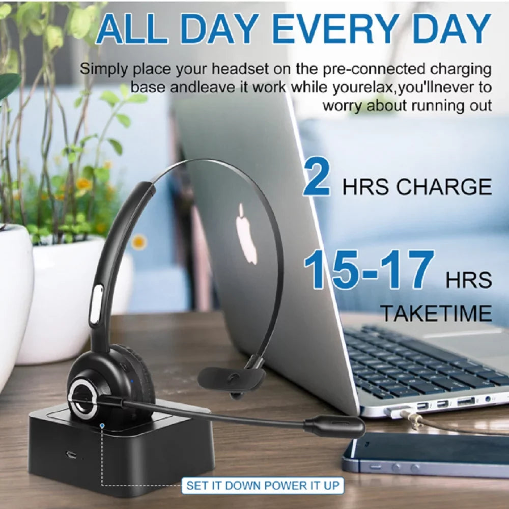 Comtable Bluetooth Headset, UX-M97 Wireless Headset with Microphone, Wireless Cell Phone Headset with Noise Isolation Mic Charging Base Mute Function 20 lite With Charging Dock