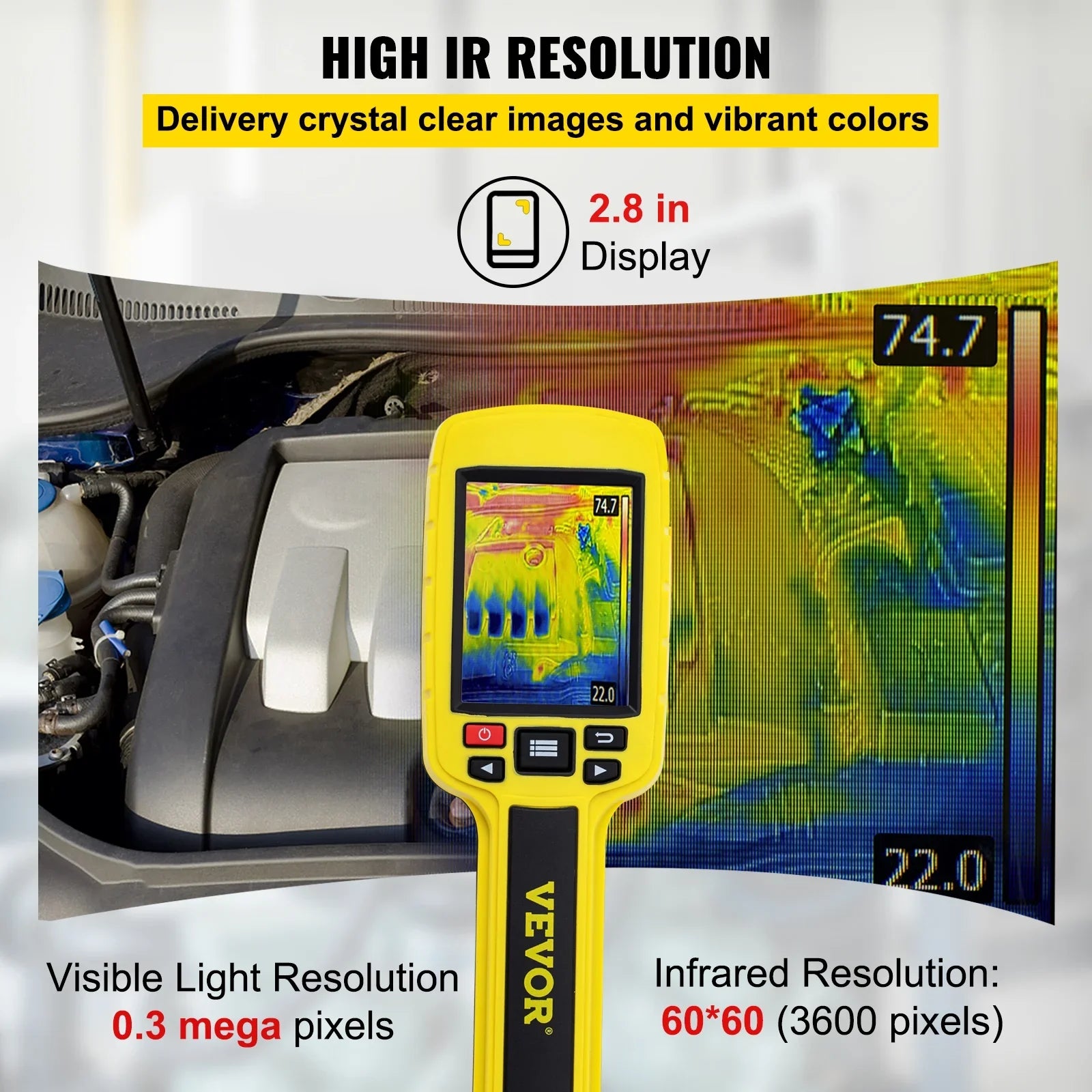 VEVOR Thermal Imaging Camera, 60x60 (3600 Pixels) IR Resolution Infrared Camera with 2.8" Color Display Screen, Built-in SD Card and Li-ion Battery, HVAC, Electrical System Automatic Detect