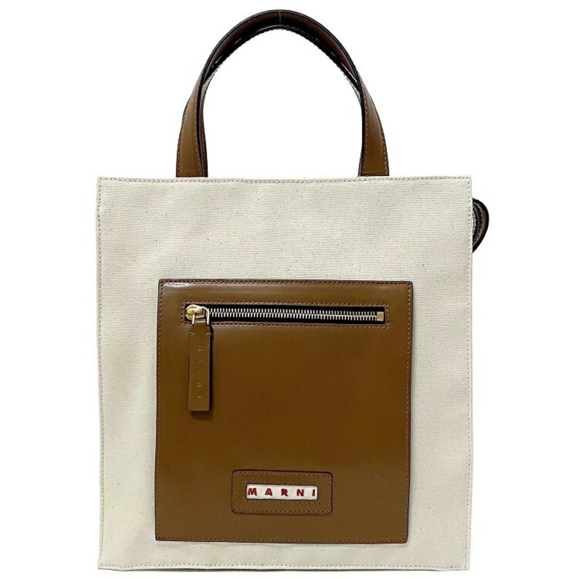 Pre-Owned Marni Tote Bag Natural White Brown SHMP0068Q0 P2994 Canvas Leather MARNI Handbag Bicolor Ladies (Like New)