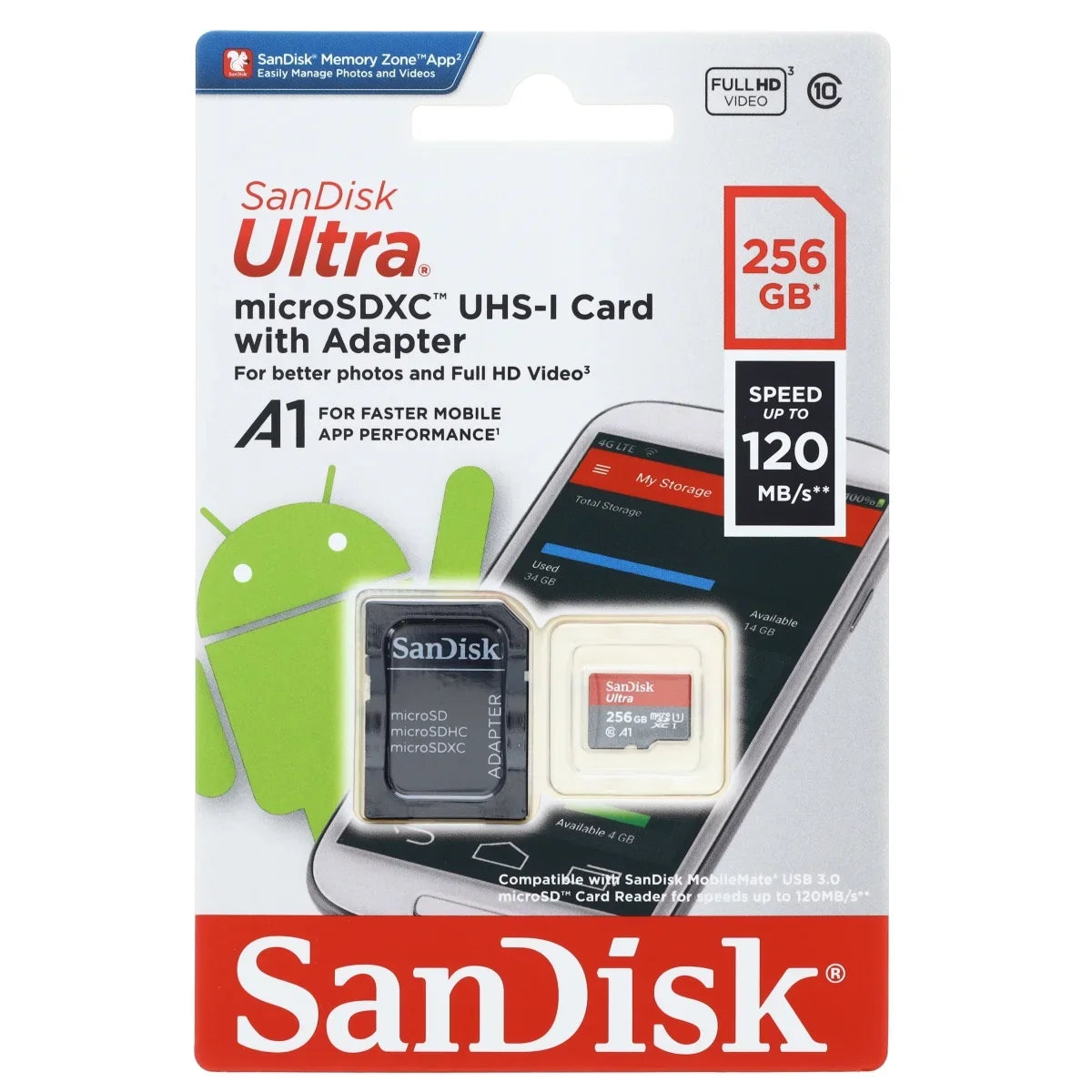 SanDisk Ultra - Flash memory card (microSDXC to SD adapter included) - 256 GB - A1 / UHS-I U1 / Class10 - microSDXC UHS-I