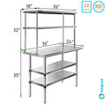 24" x 36" Stainless Steel Work Table With Two Shelves | 18" Wide Double Tier Overshelf | Metal Kitchen Prep Table & Shelving Combo