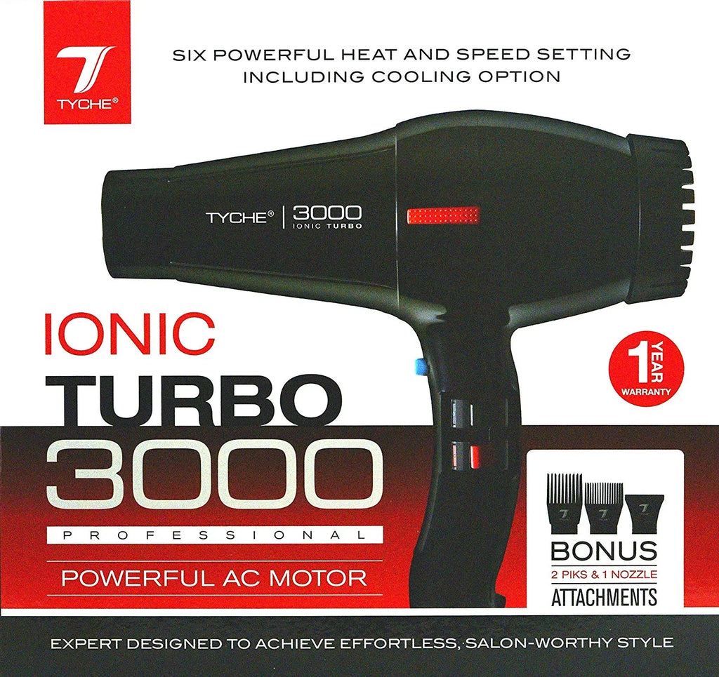 Tyche Turbo 3000 Black Professional Ionic Ceramic Tech Hair Dryer (1 Year Warranty) Dries Hair Fast Negative Ions, Infrared Hair Shine Electromagnetic Radiation Heat & Air Distribution Power