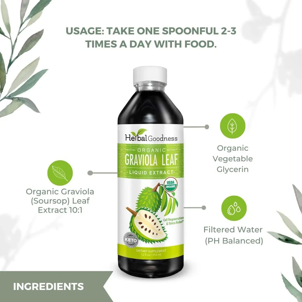 Graviola Leaf Extract Liquid - Soursop (Guanabana) Leaves Ð USDA Organic, Non GMO, Kosher Ð Cell Support & Regeneration & Stress Relief - Immune Boost Ð - 12oz Bottle