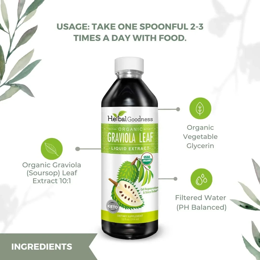 Graviola Leaf Extract Liquid - Soursop (Guanabana) Leaves Ð USDA Organic, Non GMO, Kosher Ð Cell Support & Regeneration & Stress Relief - Immune Boost Ð - 12oz Bottle