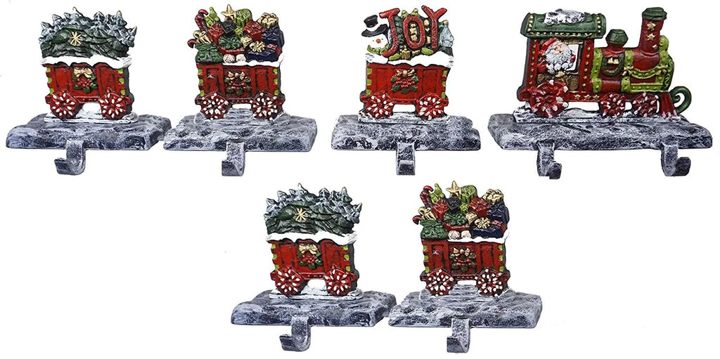 LuLu Decor, 100% Cast Iron Christmas Stocking Holders, 2D Train Engine with 5 Rail carts, 7 Stocking Hooks, Beautiful & Strong Sturdy Heavy Hooks, Each Weighs Approx 3 lb (Combo Train 2D)