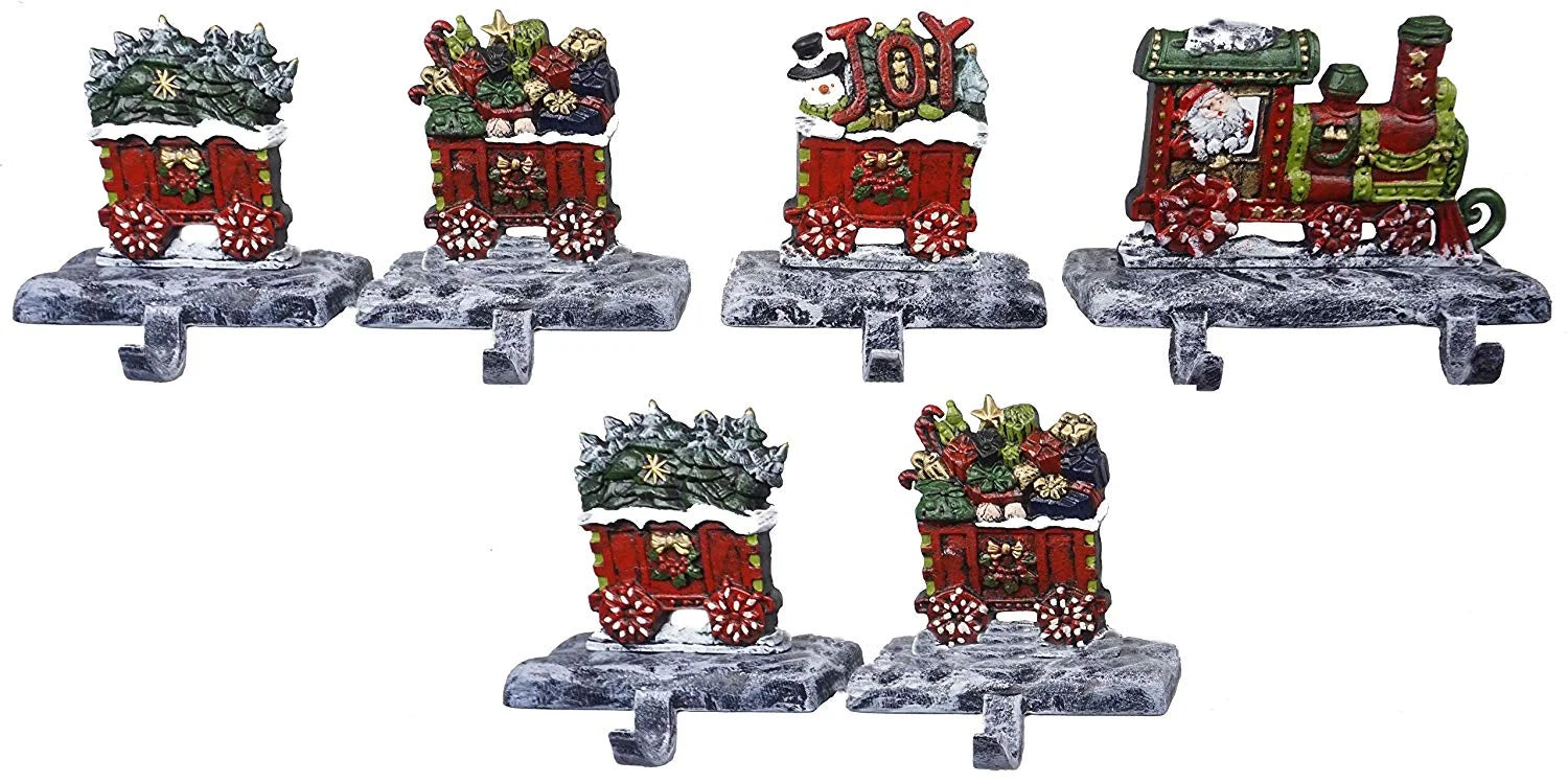 LuLu Decor, 100% Cast Iron Christmas Stocking Holders, 2D Train Engine with 5 Rail carts, 7 Stocking Hooks, Beautiful & Strong Sturdy Heavy Hooks, Each Weighs Approx 3 lb (Combo Train 2D)