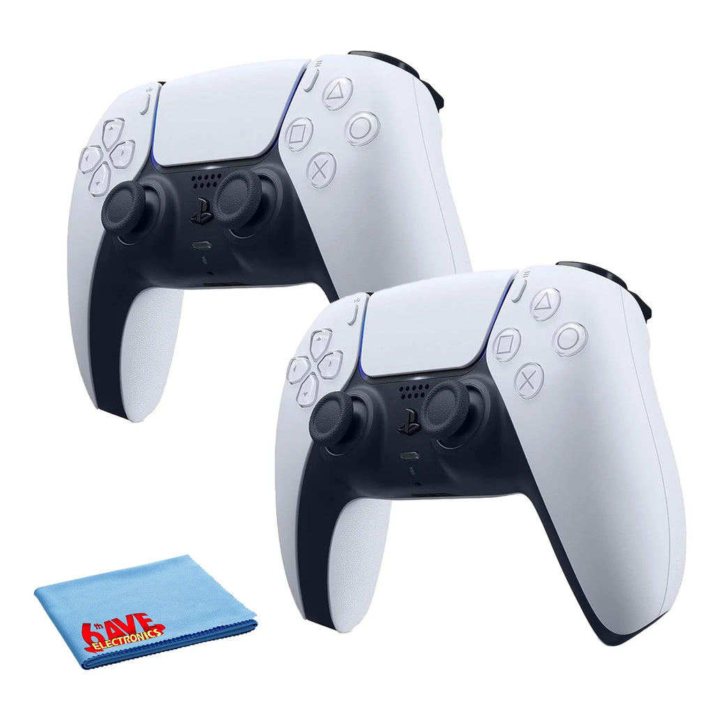 PlayStation 5, PS5 DualSense Wireless Controller - White Bundle With 2x Controllers + 6Ave Microfiber Cleaning Cloth