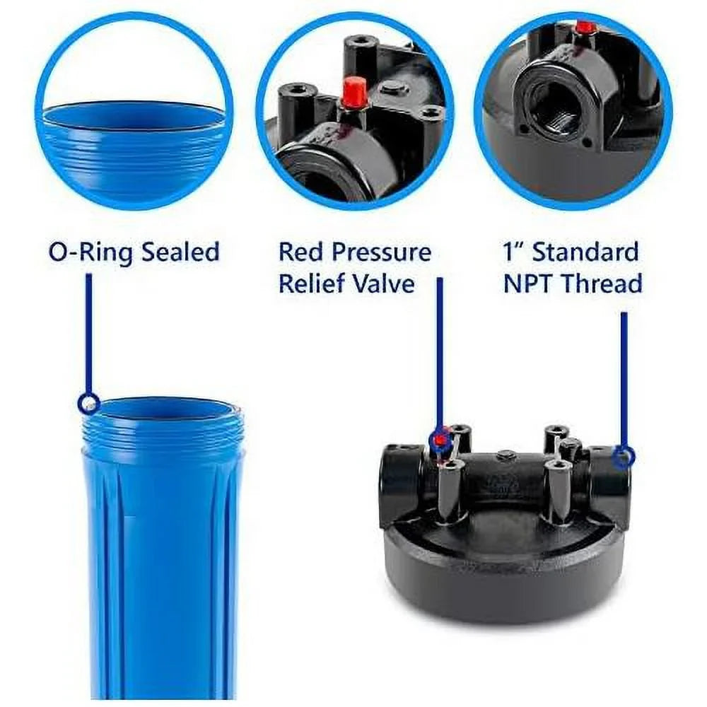 whole house water filter housing, universal 20-inch housing 4.5” x 20”, 1-inch npt inlet outlet, heavy duty standard size replacement includes wrench, pressure release button
