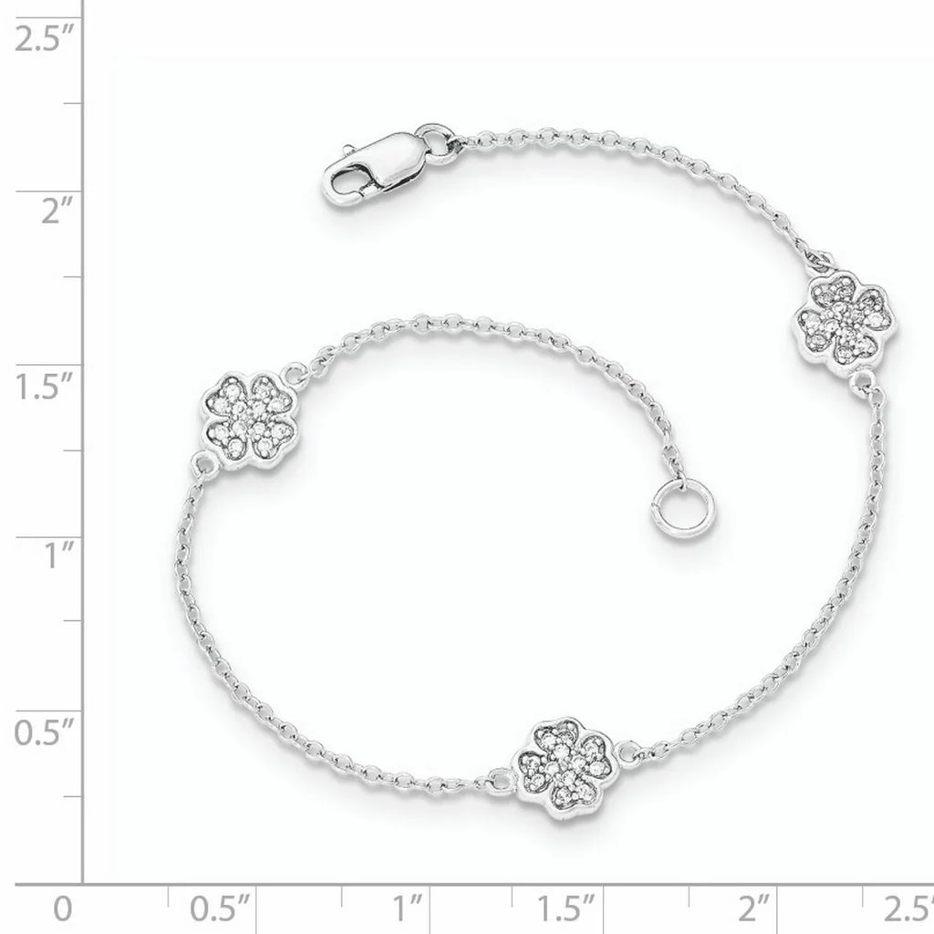 Beautiful Sterling Silver Polished CZ Four Leaf Clover Bracelet