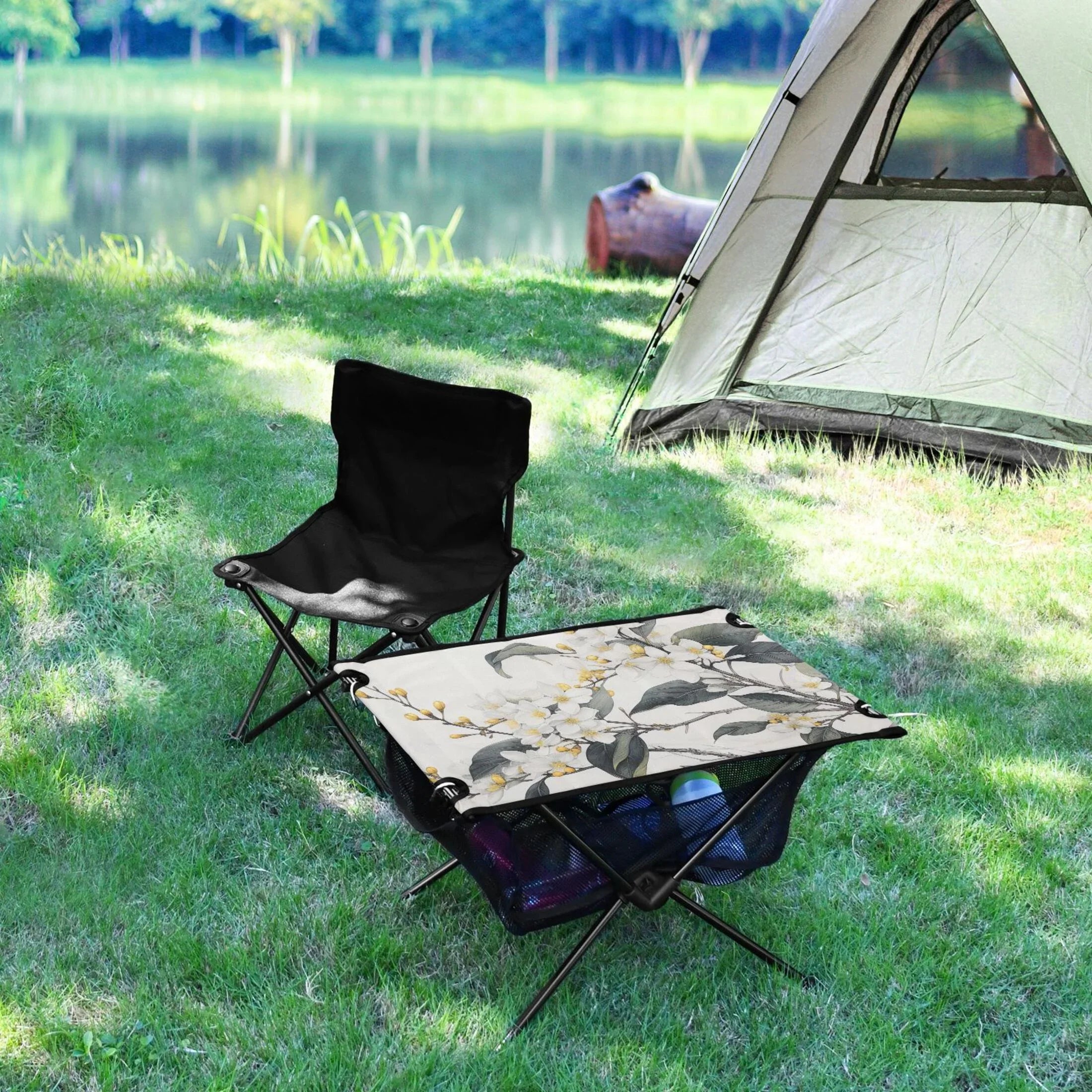 Blooming Jasmine Flowers Camping Foldable Portable Table Beach Table with Storage Bag Compact Picnic Table Outdoor Hiking Fishing BBQ