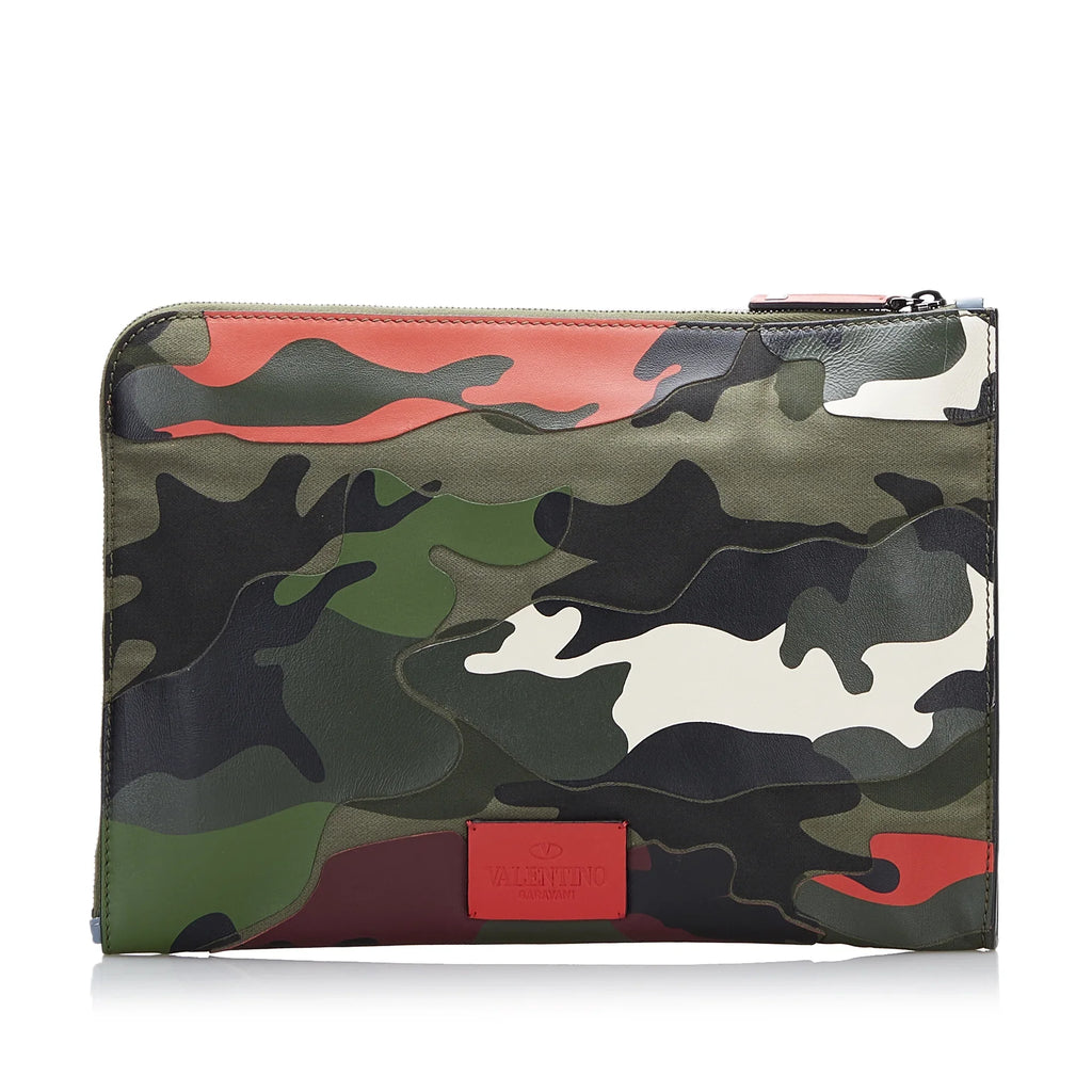 Pre-Owned Authenticated Valentino Camouflage and Leather Clutch Bag Canvas Fabric Green WristletBag Unisex (Good)
