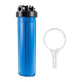 whole house water filter housing, universal 20-inch housing 4.5” x 20”, 1-inch npt inlet outlet, heavy duty standard size replacement includes wrench, pressure release button