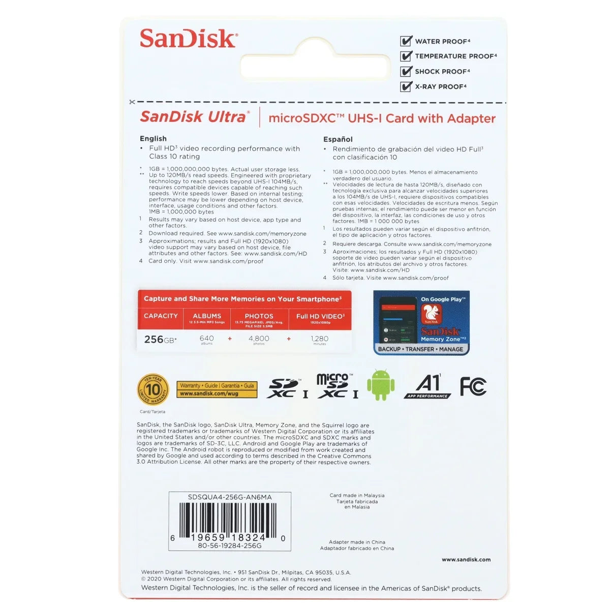 SanDisk Ultra - Flash memory card (microSDXC to SD adapter included) - 256 GB - A1 / UHS-I U1 / Class10 - microSDXC UHS-I