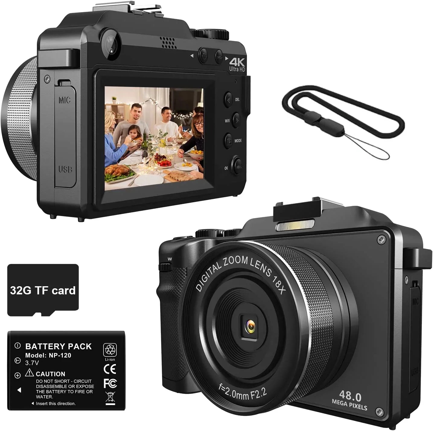 OIEXI 48MP Digital Camera Photography,4K Video Camera with Front and Rear Dual Cameras,18X Digital Zoom,3.0-inch Screen,32GB Micro Card,Rechargeable Battery,Camera Kids/Teens/Beginners(Black)