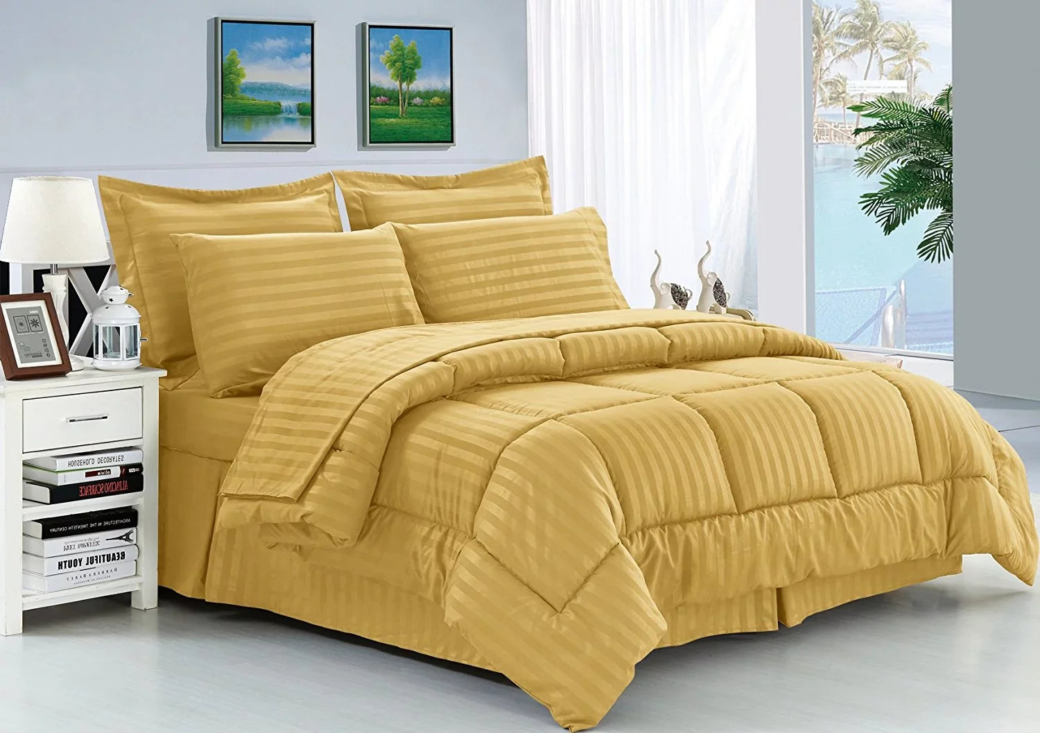 Celine Linen Wrinkle - Silky Soft Dobby Stripe Bed-in-a-Bag 8-Piece Comter Set - King Gold