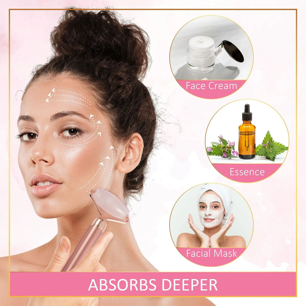4 in 1 Electric Vibrating Facial Roller & Face Massager Kit, Rose Quartz Jade Rollers Under Eye & V Lifting Skin Care Beauty Bar