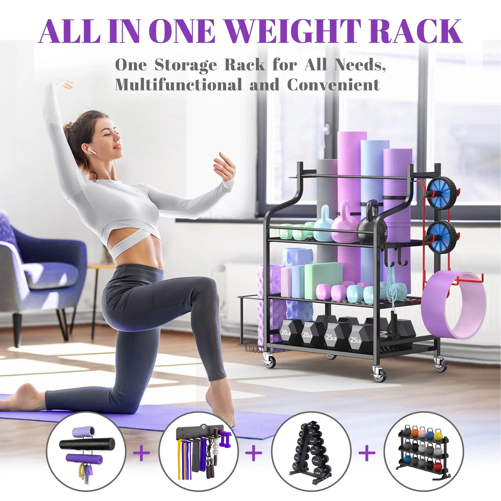 Mythinglogic Yoga Mat Storage Racks, Home Gym Storage Rack, Workout Equipment Storage Organizer with Hooks Wheels