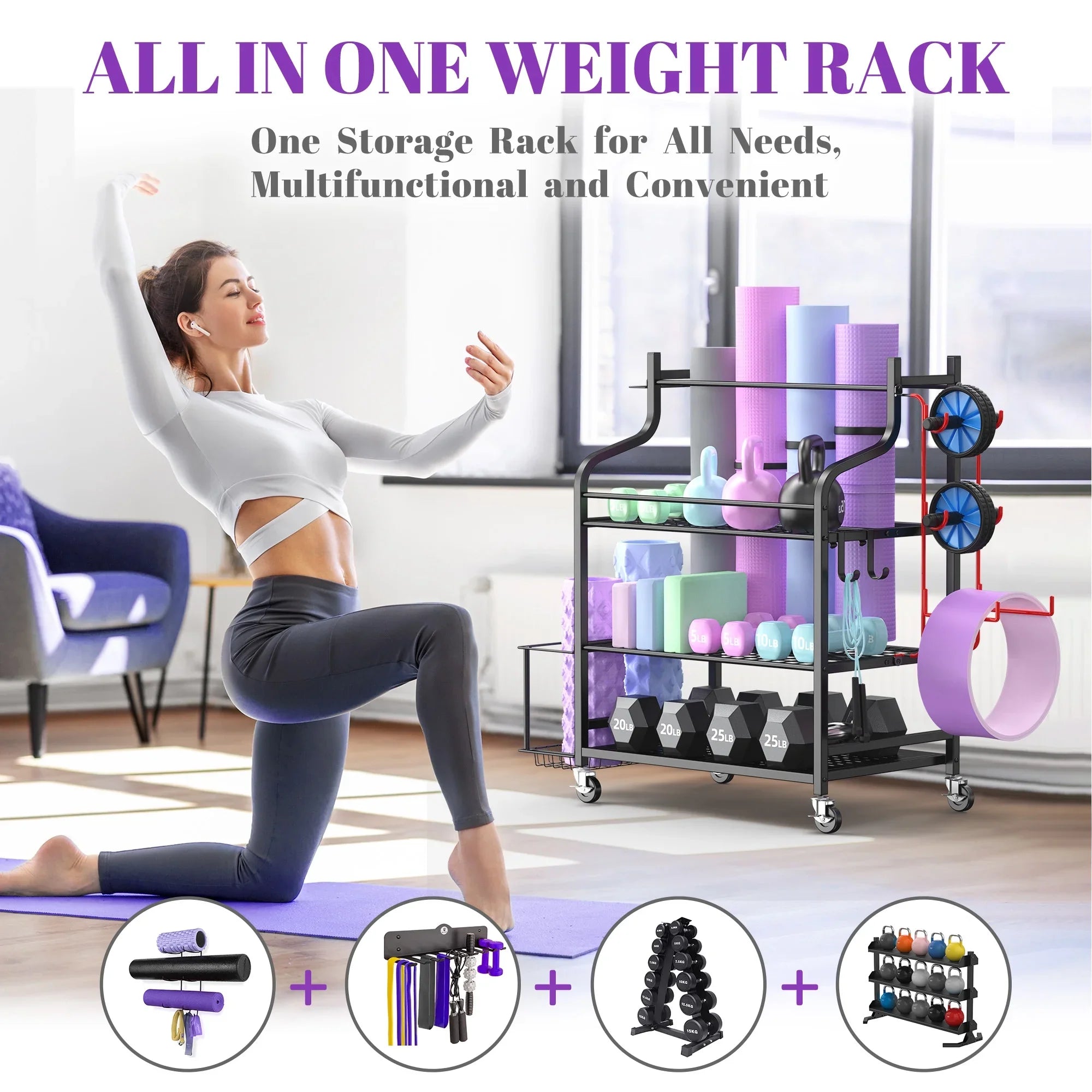 Mythinglogic Yoga Mat Storage Racks, Home Gym Storage Rack, Workout Equipment Storage Organizer with Hooks Wheels