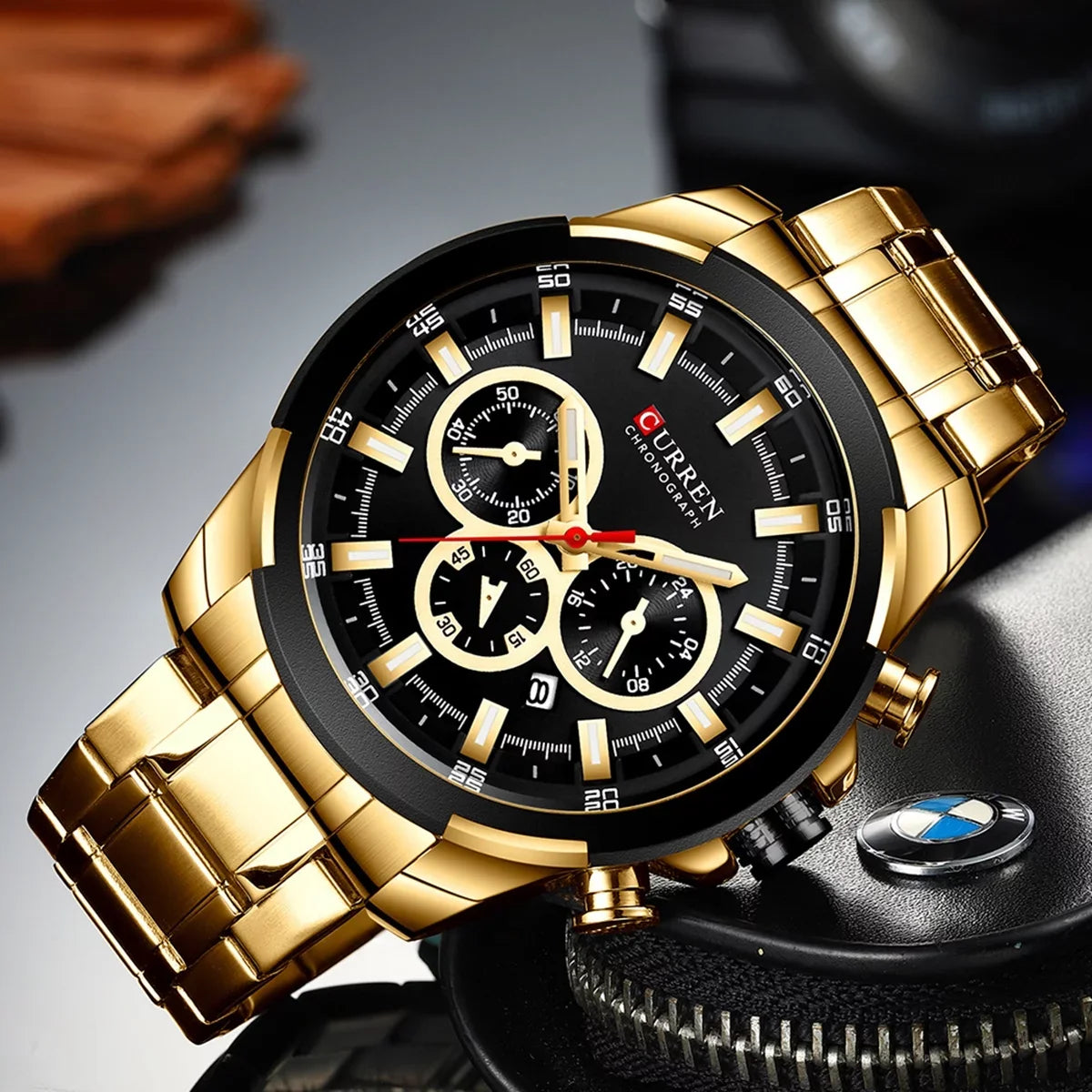CURREN 8361 Quartz Man Wristwatch Watch Male Men Watches with Calendar Indicator Date Waterproof Luminous Hands Three Sub-Dials Second Minute Microsecond Chronograph Stainless Steel Stra